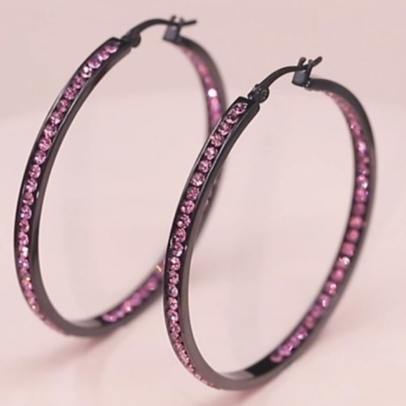 Black Metal Pink Rhinestone Hoop Earrings Faceted Crystal Channel Hoops Sparkle - Picture 8 of 12